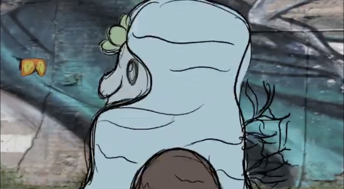 Hand-drawn animated figure with a leaf in its hair layered over a graffitied wall